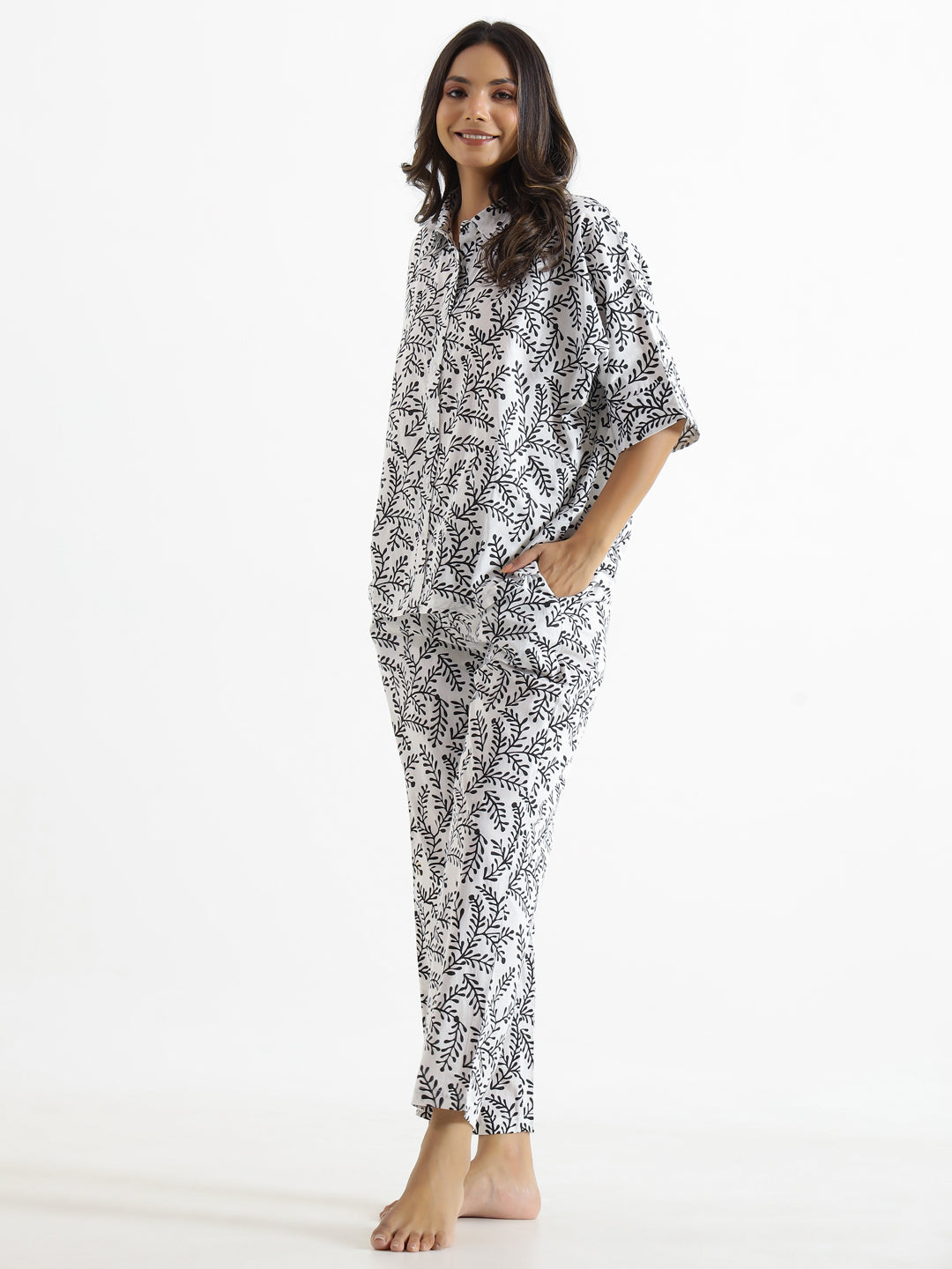 Black & White Shirt Collar Pure Cotton Night Suit Set For Women