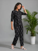 Black Viscose Rayon Printed Round Neck night suit for women - SanskrutiHomes 