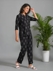Black Viscose Rayon Printed Round Neck night suit for women - SanskrutiHomes 