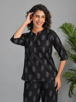 Black Viscose Rayon Printed Round Neck night suit for women - SanskrutiHomes 
