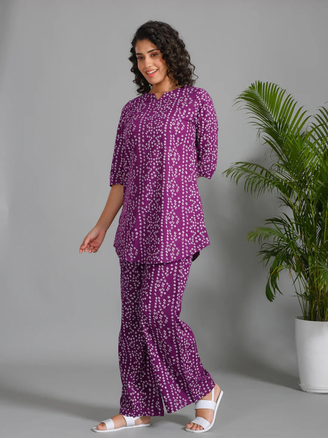Women Striped Printed Purple Night Loungewear Set - SanskrutiHomes 