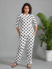 White Viscose Rayon Printed Round Neck night suit for women - SanskrutiHomes 