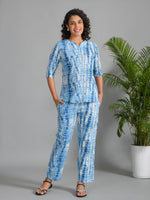 Blue Printed Round Neck Cotton Night Suit - SanskrutiHomes 