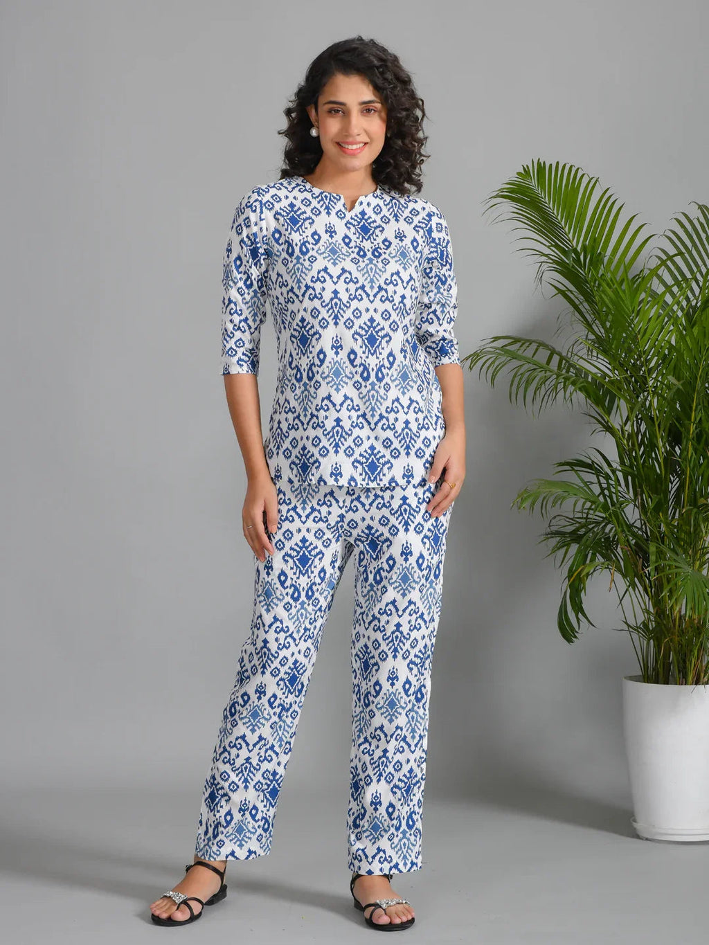 Navy Blue Viscose Rayon Printed Round Neck night suit for women - SanskrutiHomes 