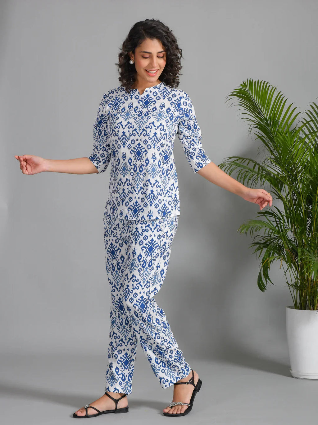 Navy Blue Viscose Rayon Printed Round Neck night suit for women - SanskrutiHomes 
