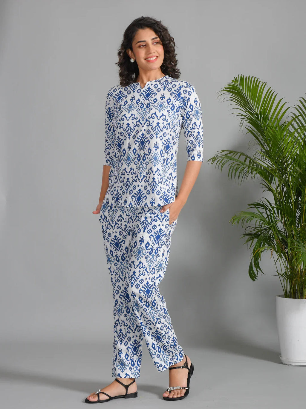 Navy Blue Viscose Rayon Printed Round Neck night suit for women - SanskrutiHomes 