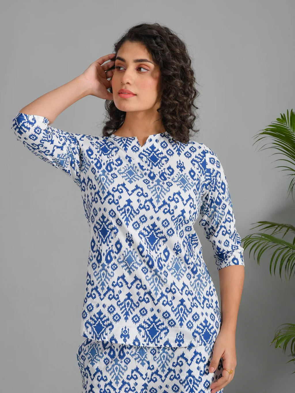 Navy Blue Viscose Rayon Printed Round Neck night suit for women - SanskrutiHomes 