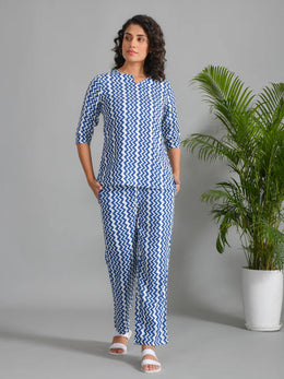 Navy Blue Viscose Rayon Printed Round Neck Night Suit Set - SanskrutiHomes 
