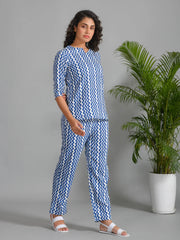 Navy Blue Viscose Rayon Printed Round Neck Night Suit Set - SanskrutiHomes 