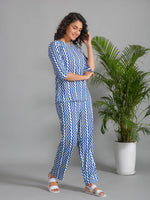 Navy Blue Viscose Rayon Printed Round Neck Night Suit Set - SanskrutiHomes 