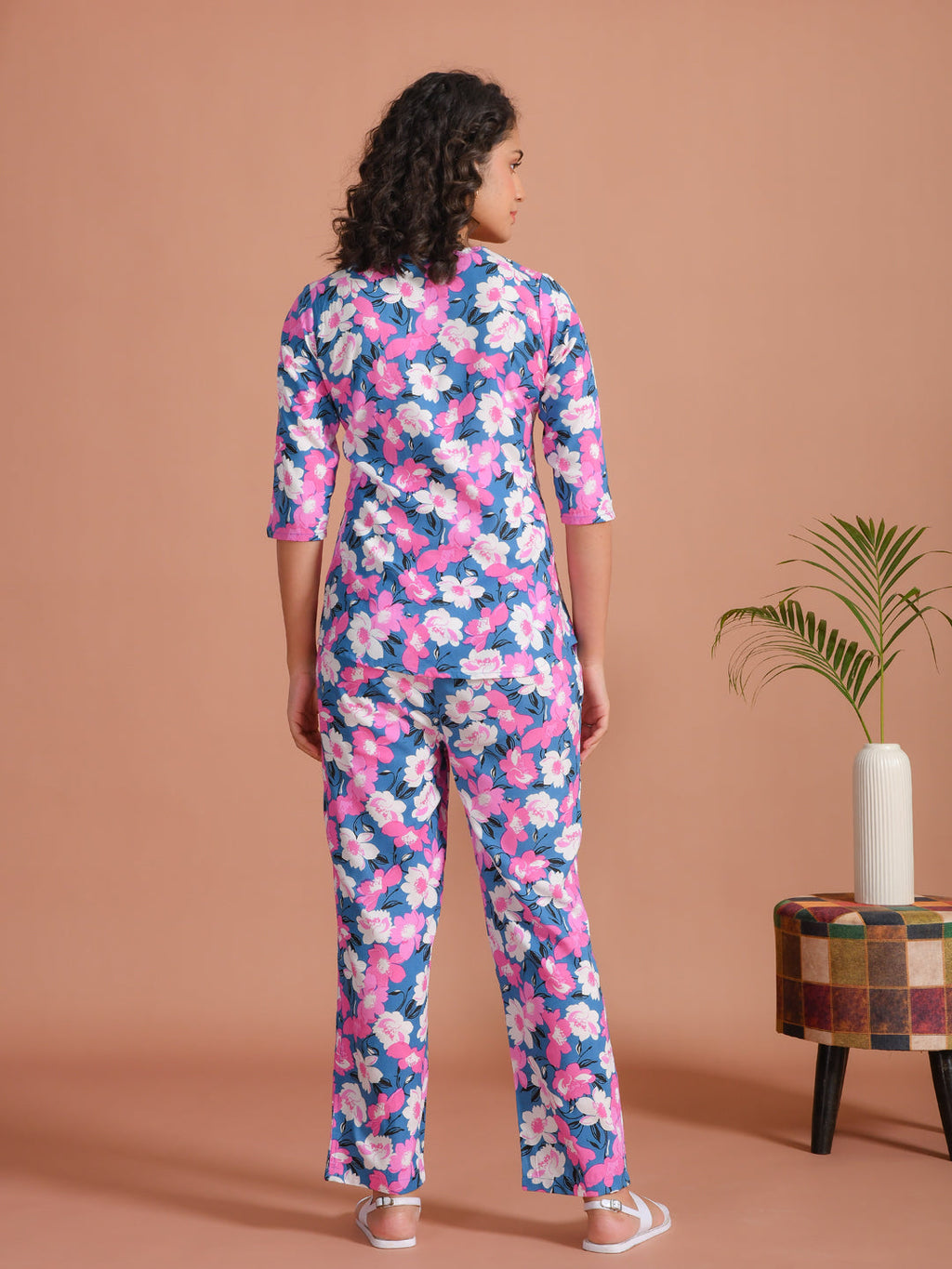 Purple Color Round Neck Floral Printed Night Suit For Women