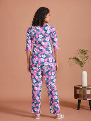 Purple Color Round Neck Floral Printed Night Suit For Women