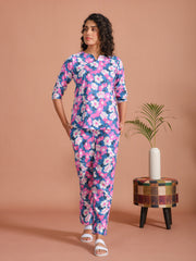 Purple Color Round Neck Floral Printed Night Suit For Women