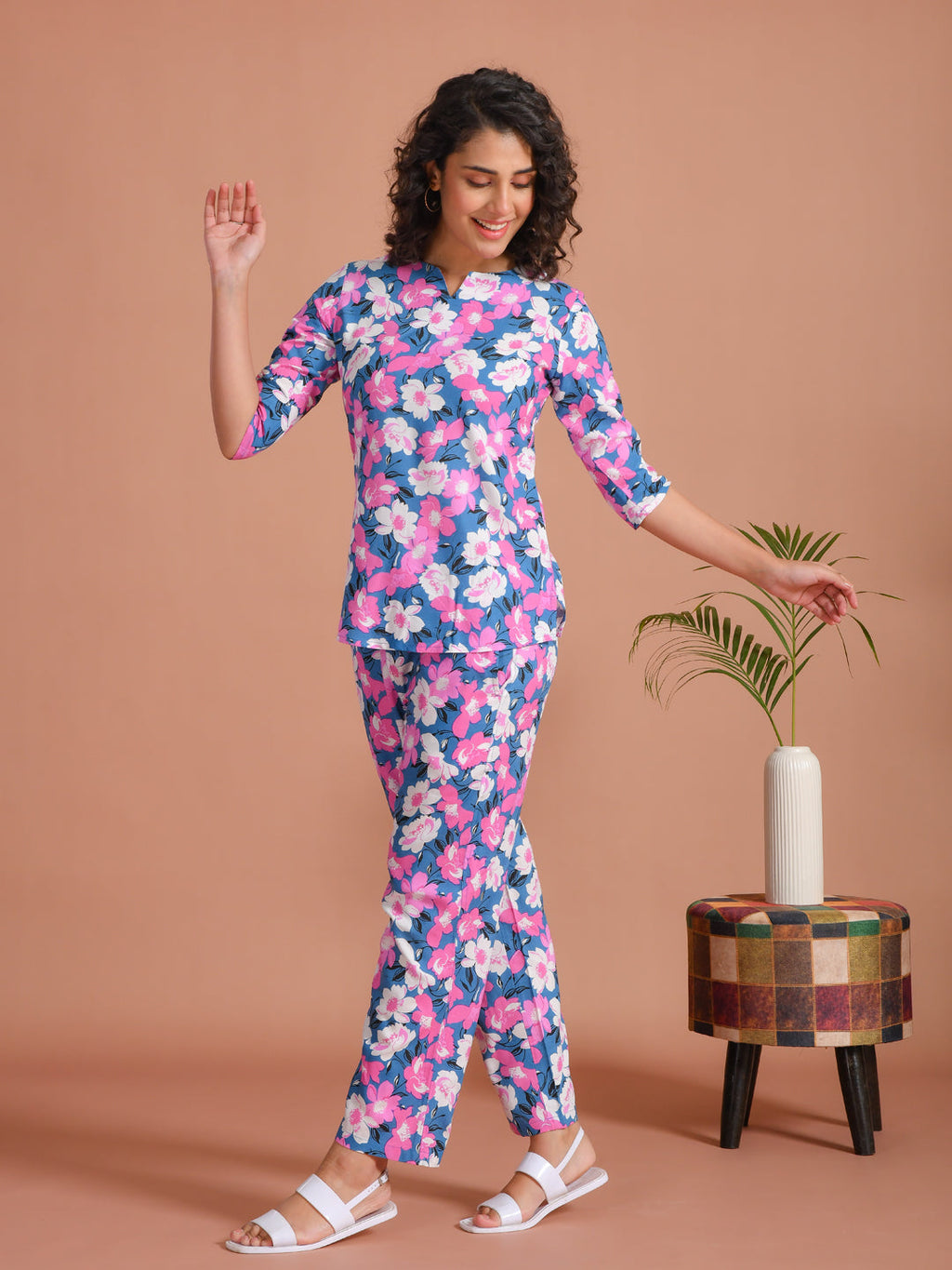 Purple Color Round Neck Floral Printed Night Suit For Women