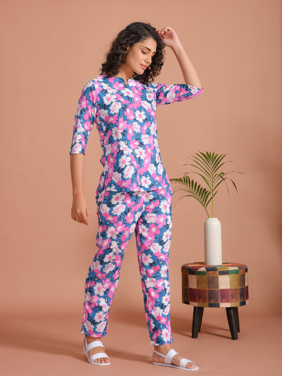 Purple Color Round Neck Floral Printed Night Suit For Women