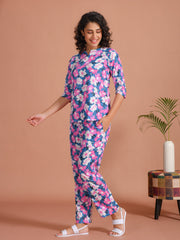 Purple Color Round Neck Floral Printed Night Suit For Women