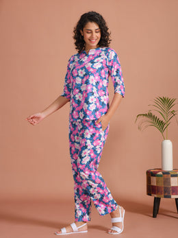 Purple Color Round Neck Floral Printed Night Suit For Women