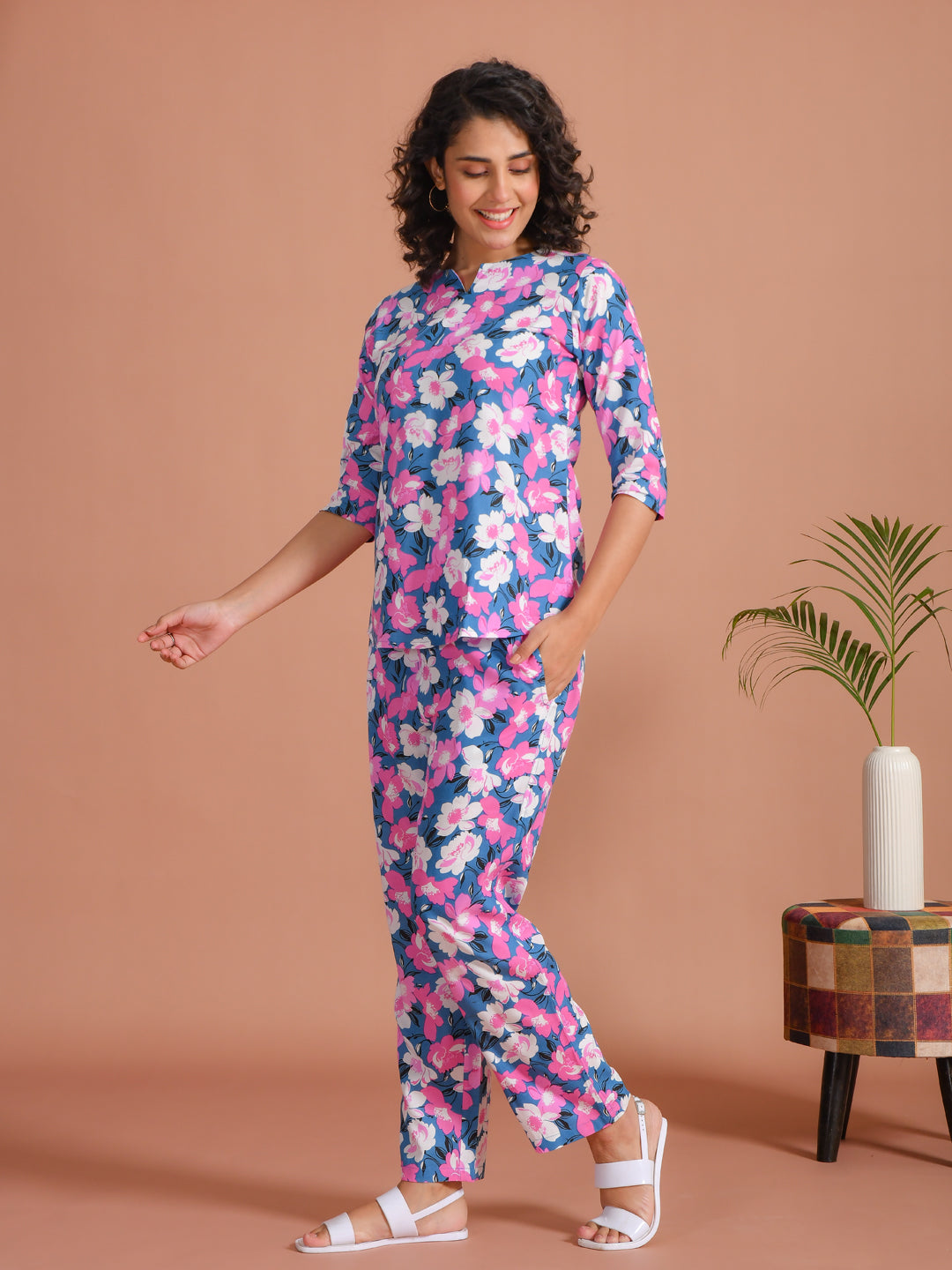 Purple Color Round Neck Floral Printed Night Suit For Women