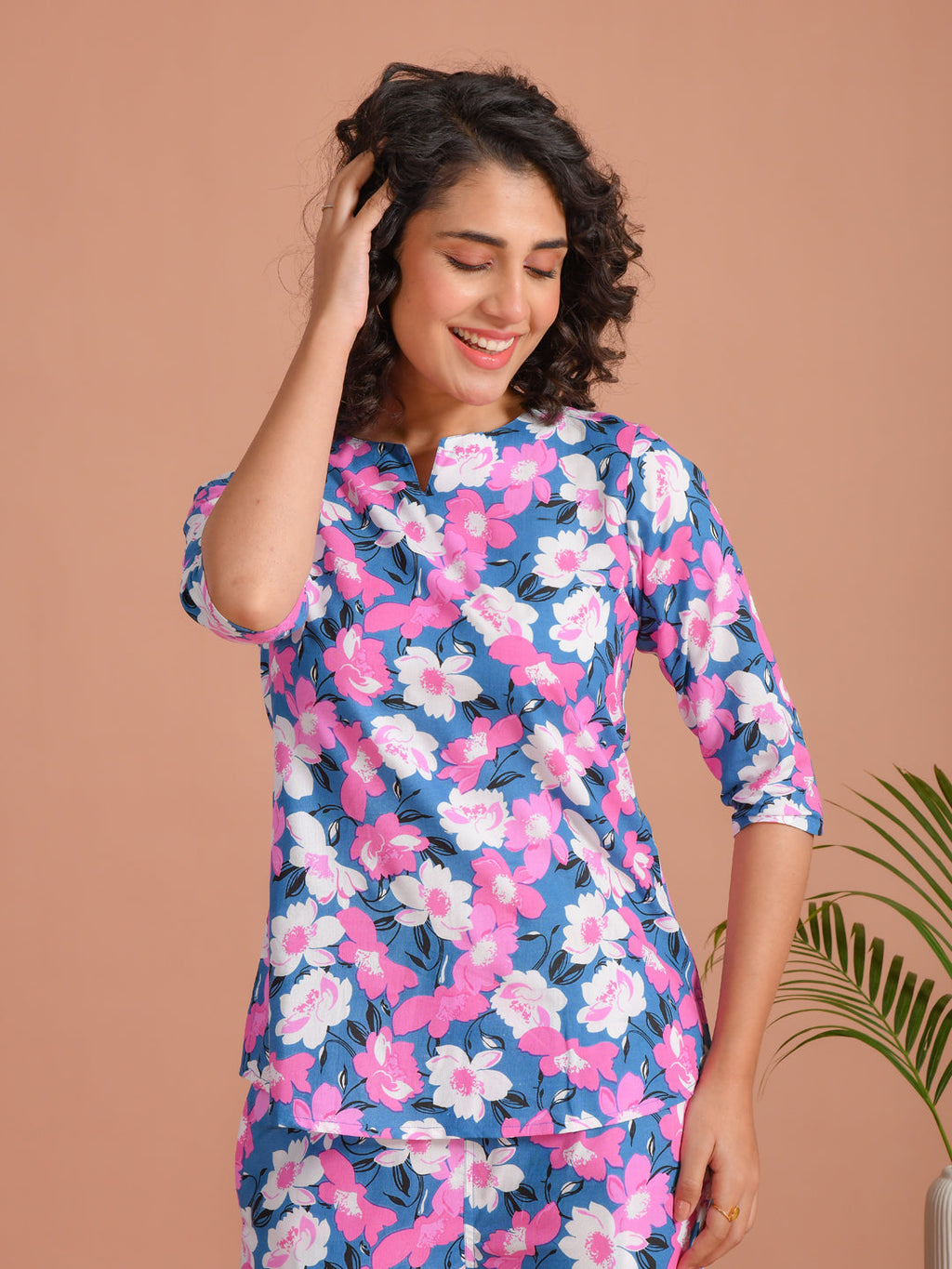 Purple Color Round Neck Floral Printed Night Suit For Women