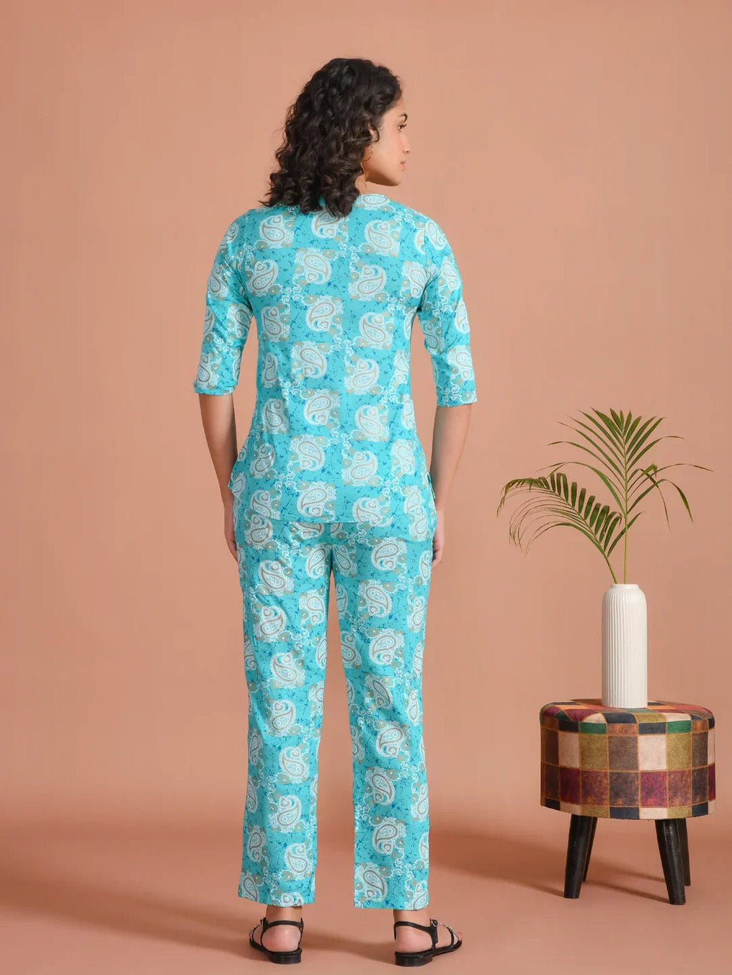Turquoise Blue Printed Round Neck Night Suit - SanskrutiHomes 