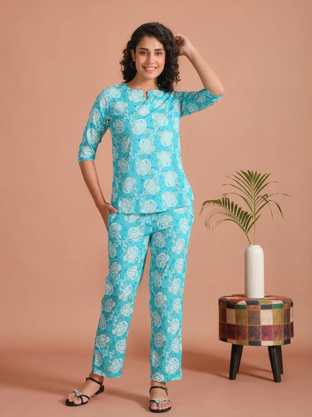Turquoise Blue Printed Round Neck Night Suit - SanskrutiHomes 