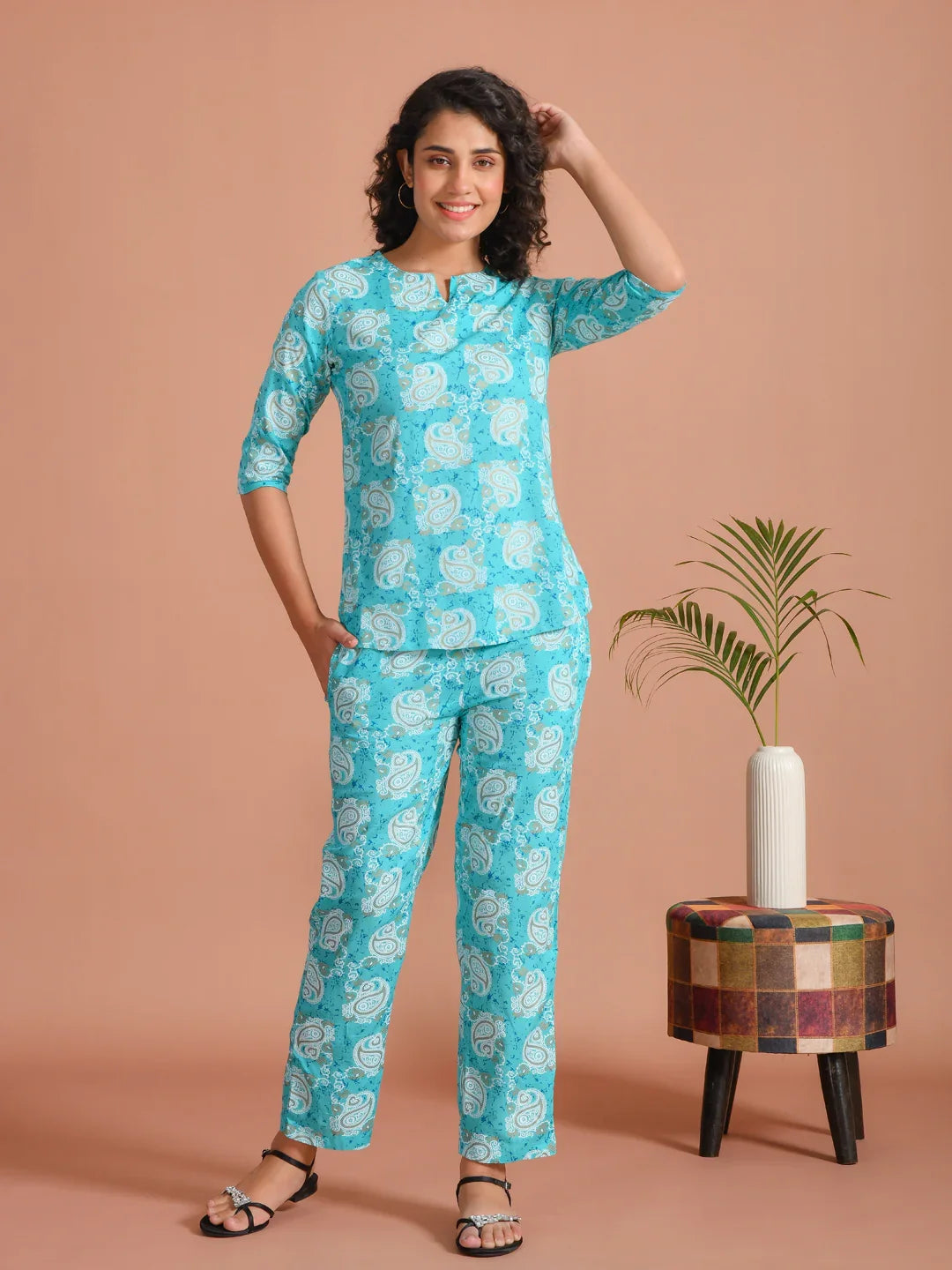 Turquoise Blue Printed Round Neck Night Suit - SanskrutiHomes 