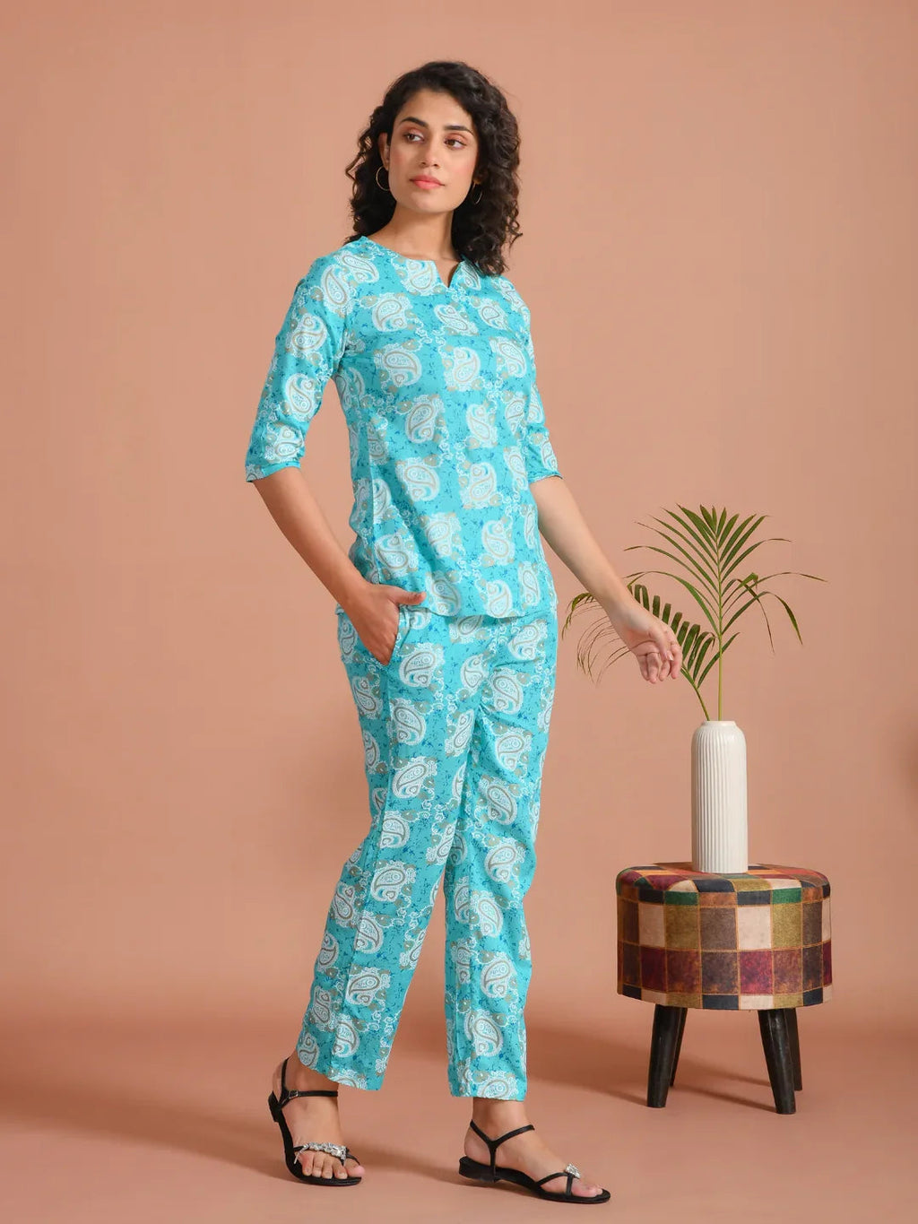 Turquoise Blue Printed Round Neck Night Suit - SanskrutiHomes 