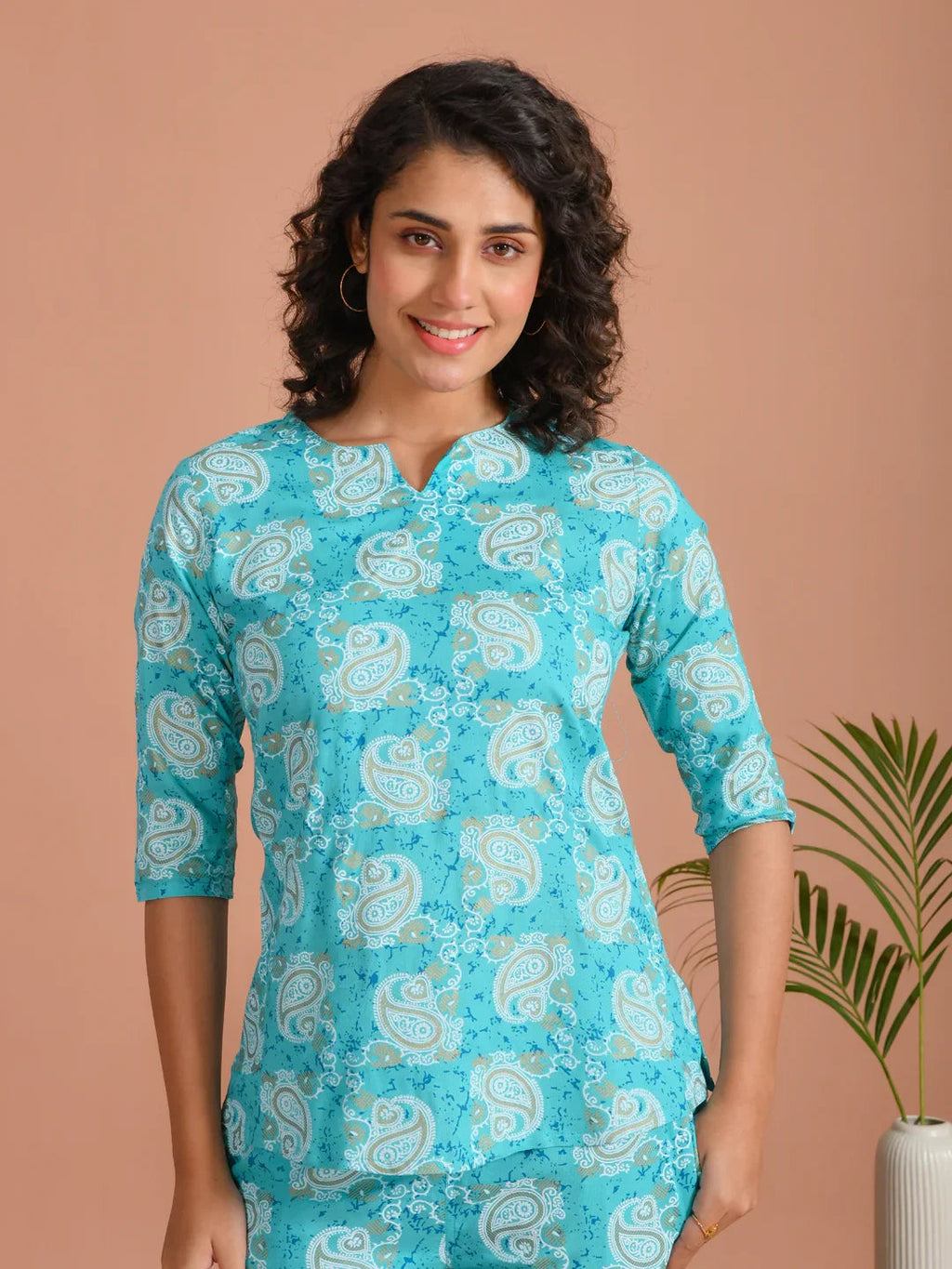 Turquoise Blue Printed Round Neck Night Suit - SanskrutiHomes 