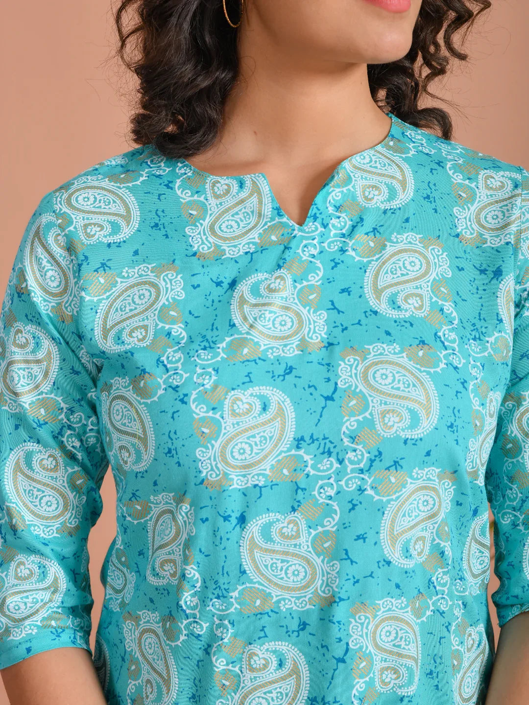 Turquoise Blue Printed Round Neck Night Suit - SanskrutiHomes 