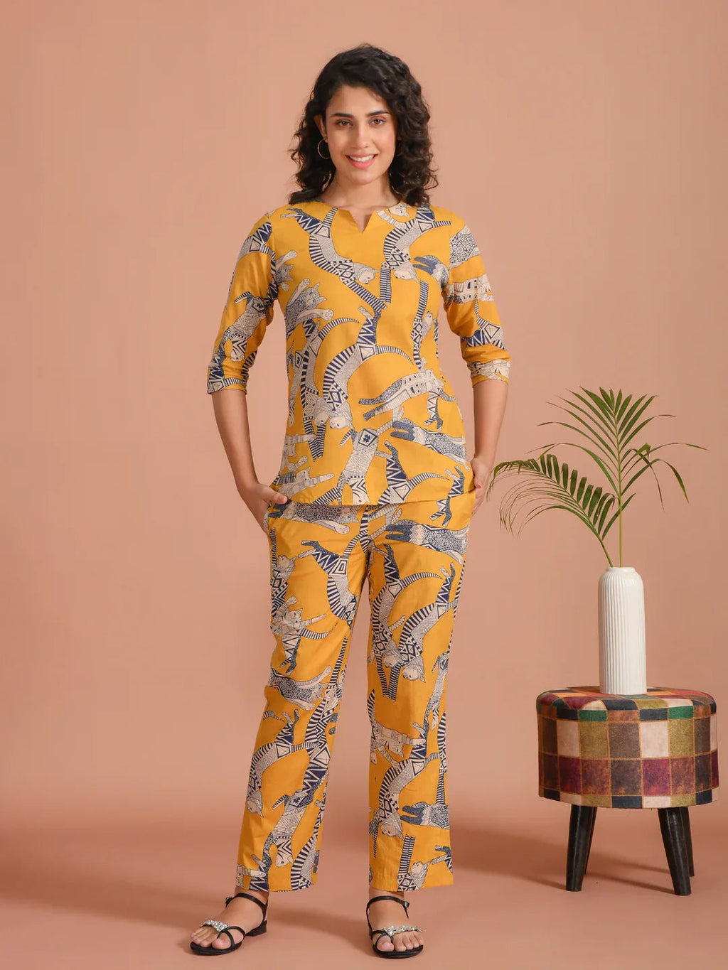 Yellow Pure Cotton Printed Round Neck night suit for women - SanskrutiHomes 
