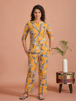 Yellow Pure Cotton Printed Round Neck night suit for women - SanskrutiHomes 
