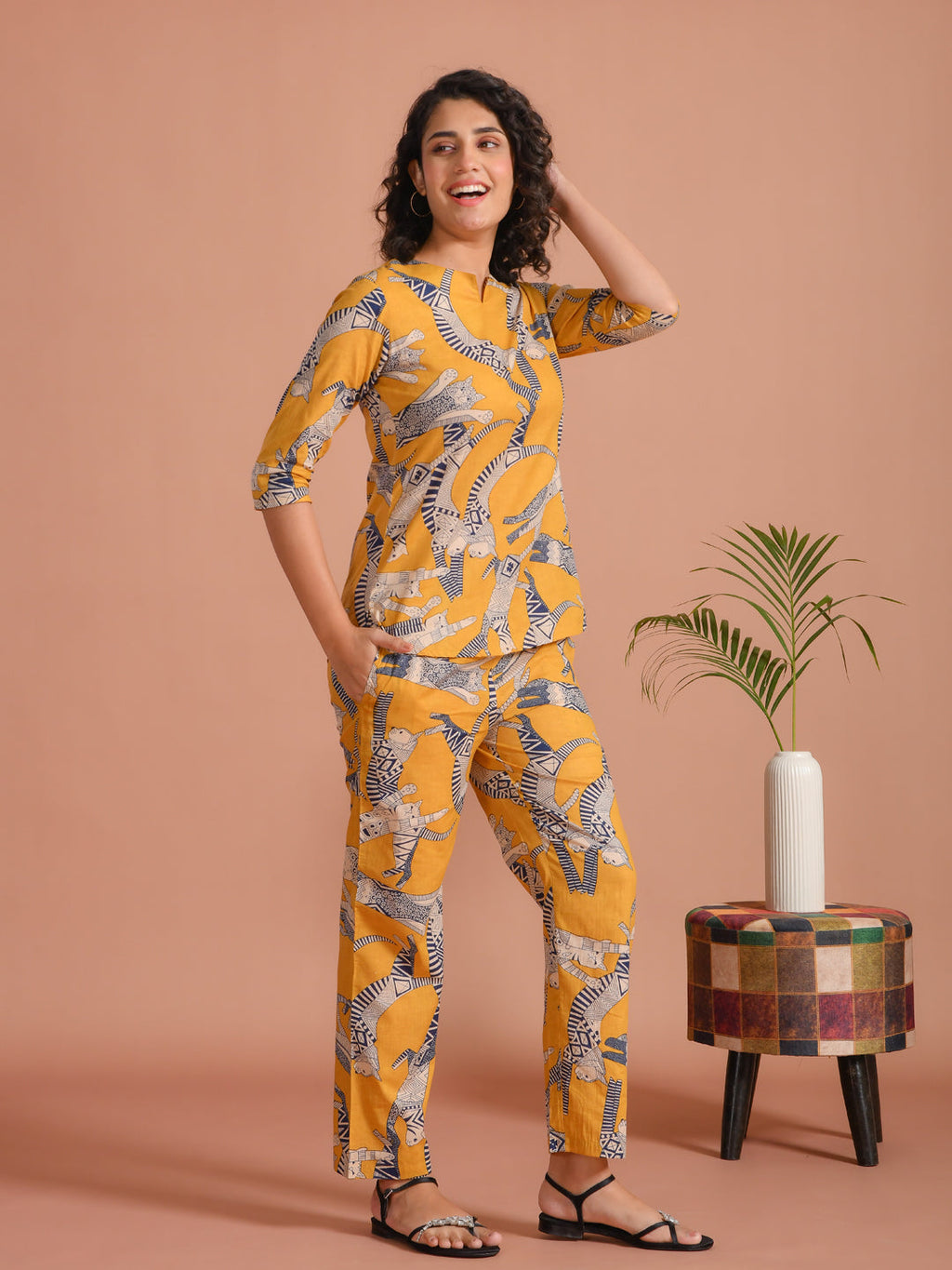 Yellow Pure Cotton Printed Round Neck night suit for women - SanskrutiHomes 