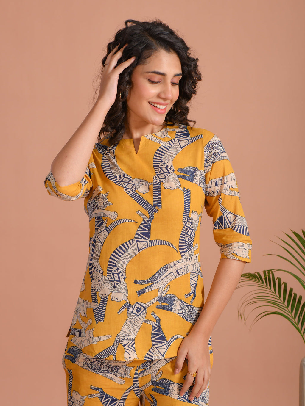 Yellow Pure Cotton Printed Round Neck night suit for women - SanskrutiHomes 