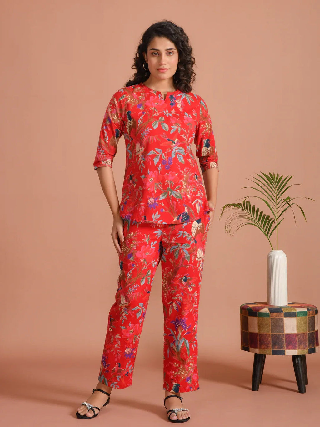 Red Pure Cotton Printed Round Neck night suit for women - SanskrutiHomes 