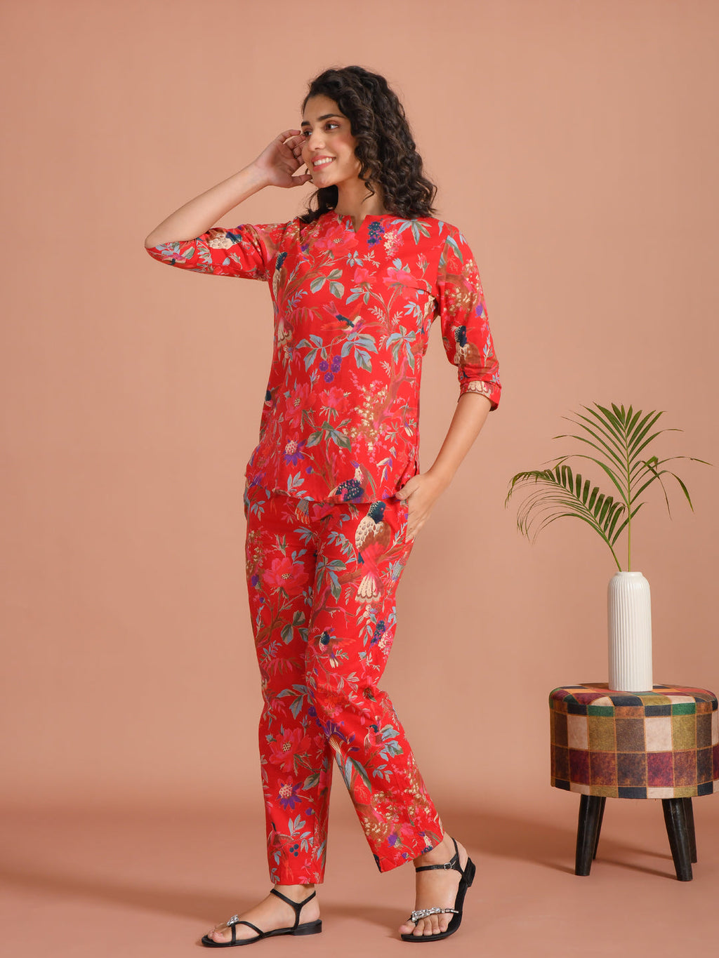 Red Pure Cotton Printed Round Neck night suit for women - SanskrutiHomes 