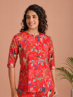 Red Pure Cotton Printed Round Neck night suit for women - SanskrutiHomes 