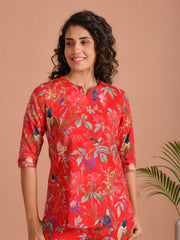 Red Pure Cotton Printed Round Neck night suit for women - SanskrutiHomes 