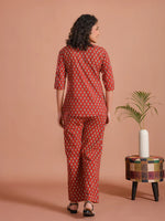 Red Floral Printed Cotton Night Suit Set - SanskrutiHomes 