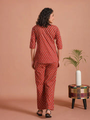 Red Floral Printed Cotton Night Suit Set - SanskrutiHomes 