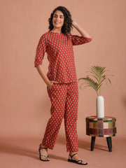 Red Floral Printed Cotton Night Suit Set - SanskrutiHomes 