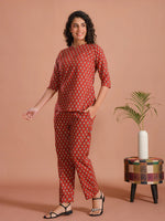 Red Floral Printed Cotton Night Suit Set - SanskrutiHomes 