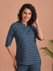 Blue Round Neck Flower Printed Cotton Night Suit - SanskrutiHomes 