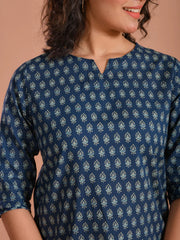 Blue Round Neck Flower Printed Cotton Night Suit - SanskrutiHomes 