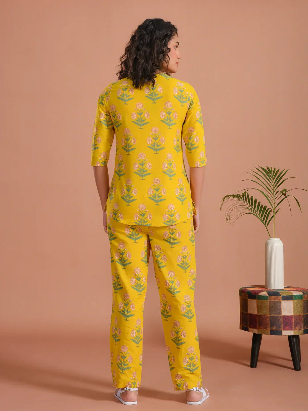 Yellow Flower Printed Cotton Night Suit for Women - SanskrutiHomes 