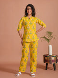 Yellow Flower Printed Cotton Night Suit for Women - SanskrutiHomes 
