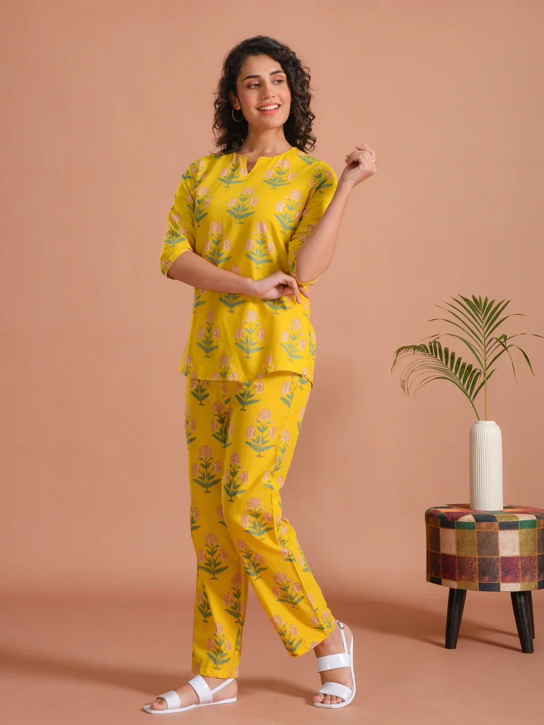 Yellow Flower Printed Cotton Night Suit for Women - SanskrutiHomes 