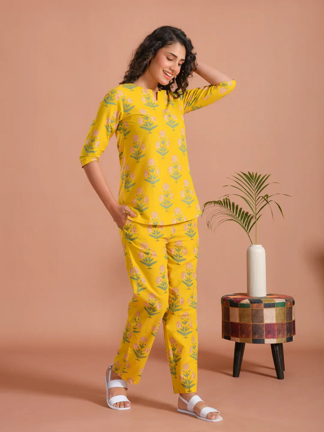 Yellow Flower Printed Cotton Night Suit for Women - SanskrutiHomes 