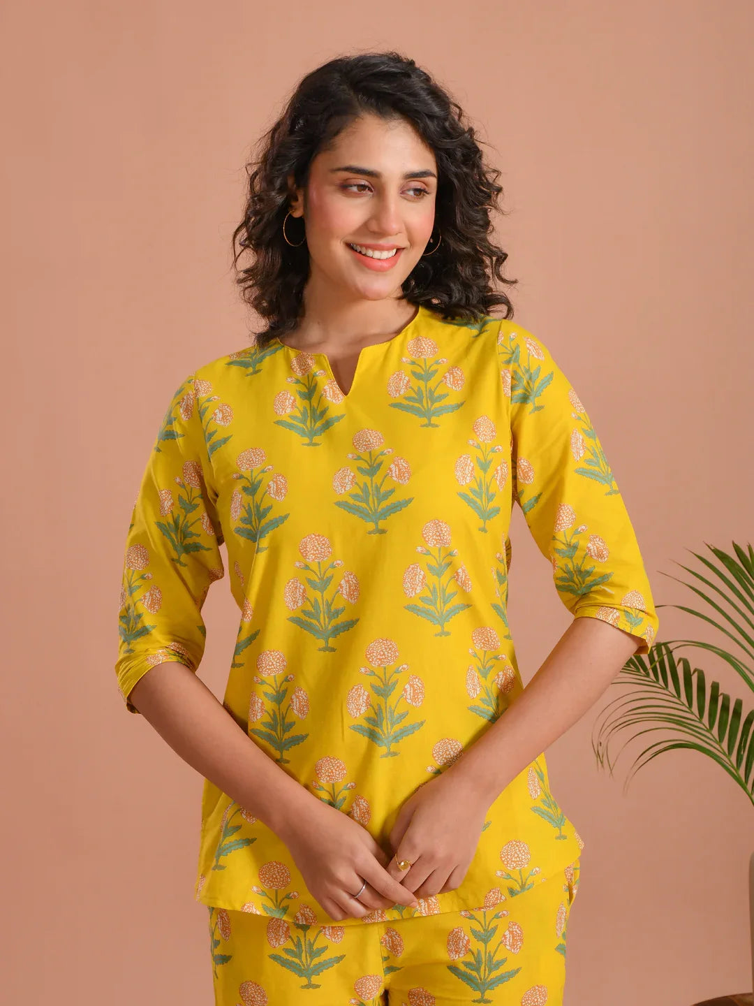 Yellow Flower Printed Cotton Night Suit for Women - SanskrutiHomes 