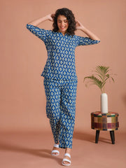 Blue Round Neck Floral Printed Cotton Night Suit - SanskrutiHomes 