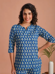 Blue Round Neck Floral Printed Cotton Night Suit - SanskrutiHomes 